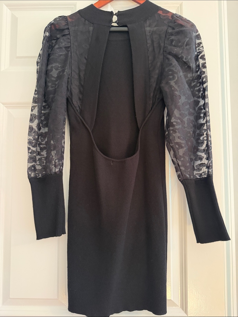 🖤 Lush Black Ribbed Sweater Dress Sheer Puff Sleeve Size M 🖤 - Picture 6 of 13